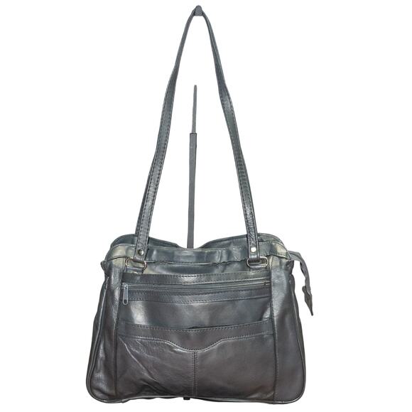 Vintage Purse Gray Genuine Leather Double Handle Satchel Bag Made in Hong Kong - Picture 1 of 7